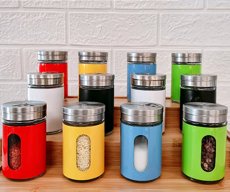 Stainless Steel Rotary Spice Jar Set 4 Glass Condiment Pot/bottle With Spice Rack