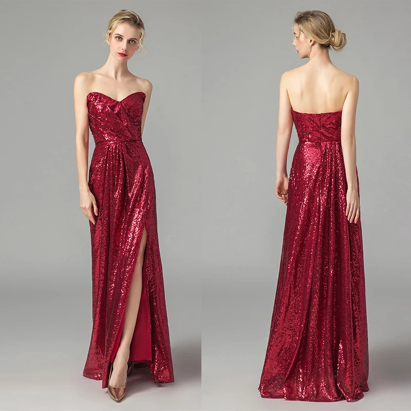 Hot Selling Red Sexy Slit Sequin Slim Banquet Long Bridal Wedding Ball Gown Evening Dress
