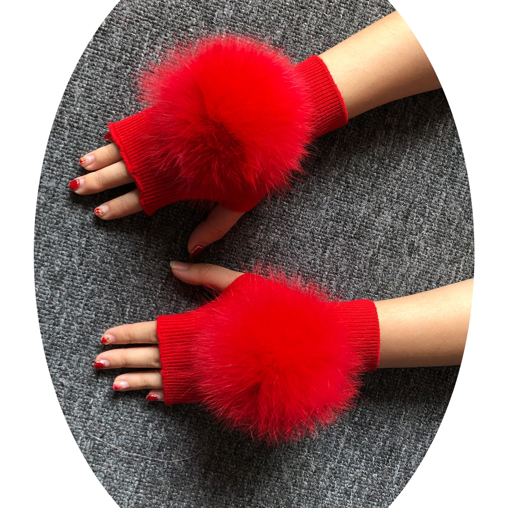 Janefur Winter Warm Real Fur Ball Wool Mittens Red Color Fashion Soft Knitted Fur Fingerless Gloves