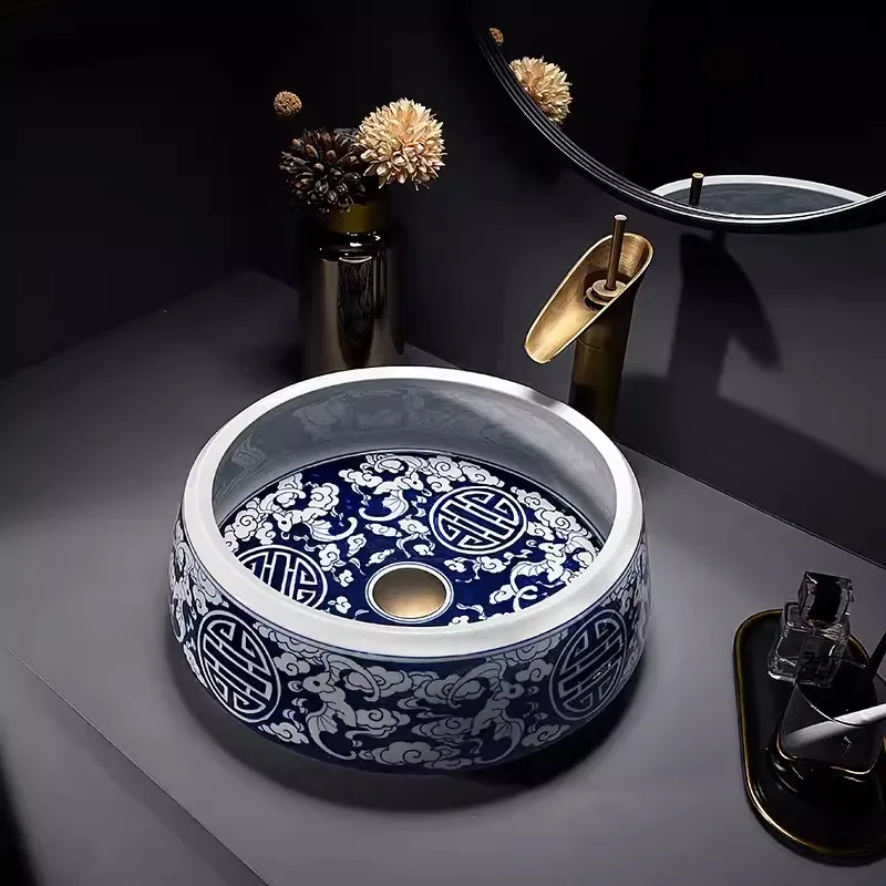 Antique Chinese Blue and White Porcelain Tabletop Basin Retro Art Washbasin Oval Bathroom Sinks