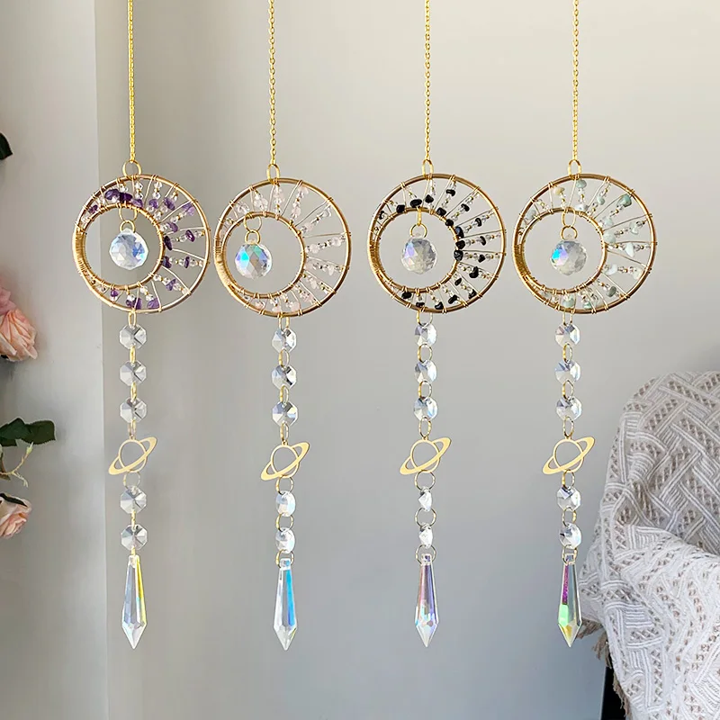 Tree of Life Suncatcher Hand-woven Crystal Wind Chimes Heart Pendant Gemstone Prism Sun Catcher Window Hanging