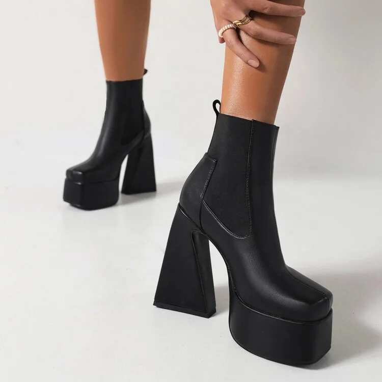 Hot Platform High Heel Square Toe Ankle Boots Black Solid Color Side Zip Women Boots Sexy Ladies Winter Shoes Women Heeled Boots