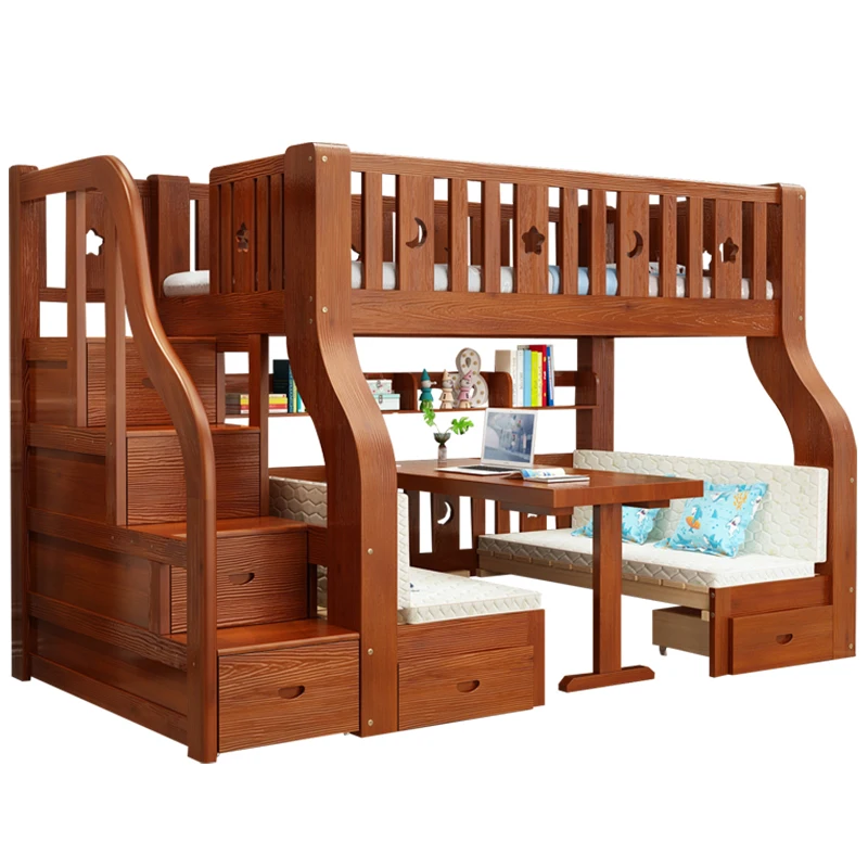 Двухъярусная кровать с двумя односпальными деревянными спальнями для детей с настольной лестницей
