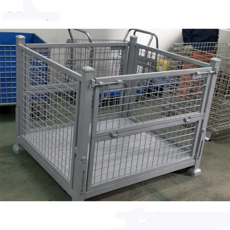 collapsible metal pallet box steel customized mesh stillages cage with wheels stacking storage mesh cage bins
