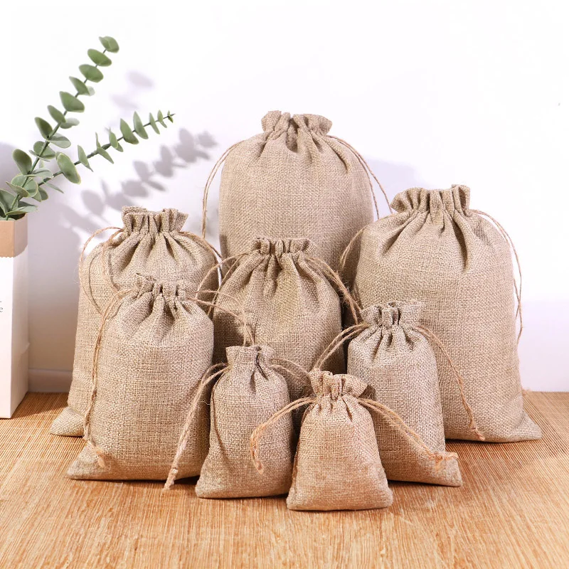 Small Custom Calico Jewelry Jute String Bags Jute Draw String Bags For Gift