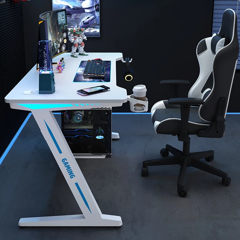 Z-D белый компьютерный стол с rgb-лампой и шнуром, крючок для наушников, подстаканник