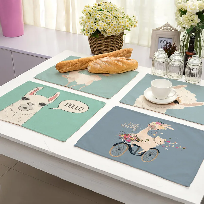 
Cartoon cute alpaca animal printed cotton and linen cloth western place mat 