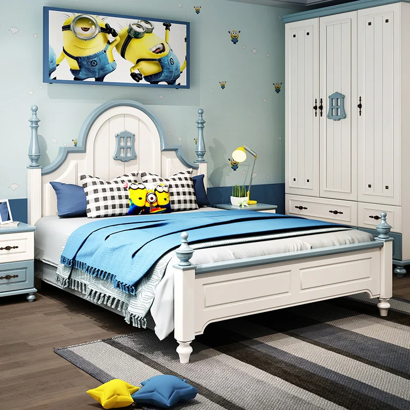 Оптовая продажа с фабрики, деревянная кровать в американском стиле, наборы мебели для детской спальни, синие детские кровати для мальчиков, для детей