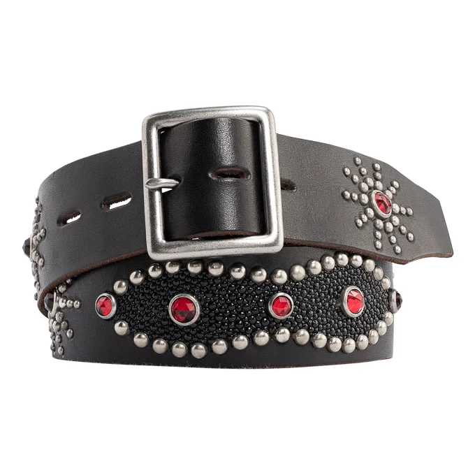 Studded Belt Self Edge STINGRAY Peanut Belt Cowhide Black Leather Nickel Buckle