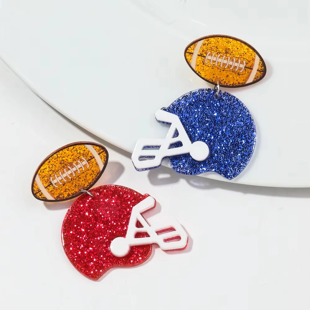 Sport Style Creative Asymmetrical Rugby Red Blue Glitter Football Player Hat Helmet American Football Acrylic Drop Earrings