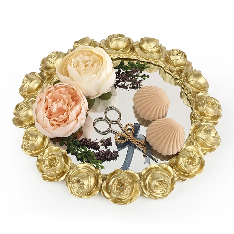 Nordic style round retro carved gold mirror tea fruit dessert coffee dessert table storage tray