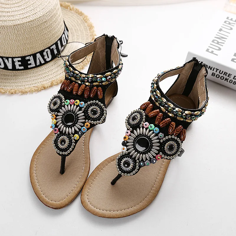 Сандалии женские в этническом стиле богемные удобные легкие тапочки плоская подошва летняя обувь с