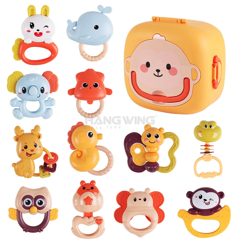 HW 0-3 Years Old Newborn Baby Teeth Training Chewing Soothing Teether Toys Multi-theme Safe Food Grade Boiled Teething Rattle