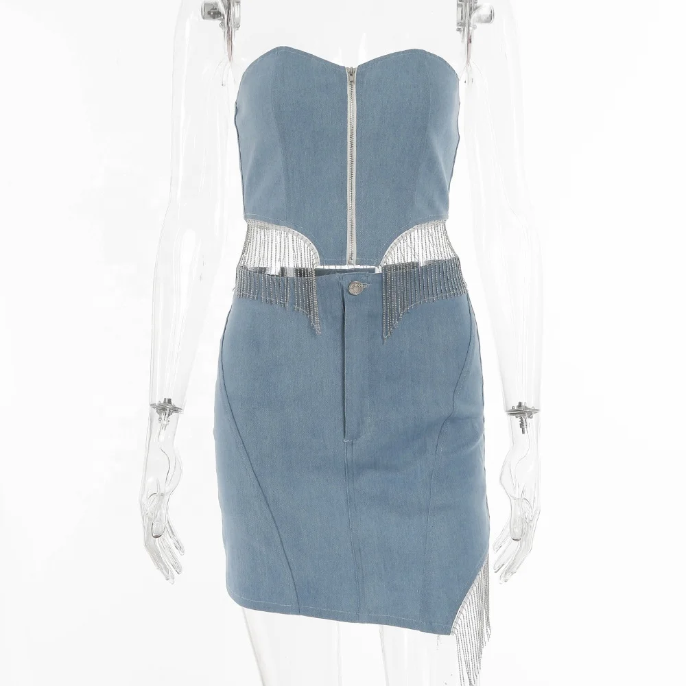 LW 2022 new arrival denim rhinestone tassel zipper wrapped top and skirts summer two piece outfits for women 2 piece skirt set