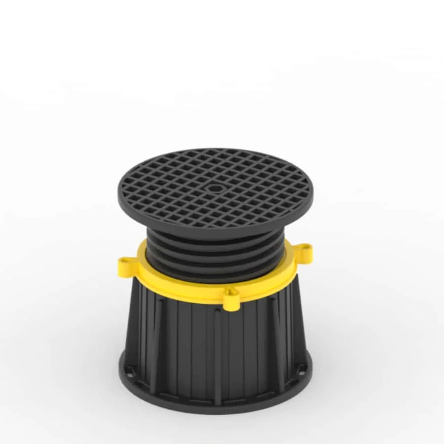 Adjustable pedestal plastic flooring system for terrace   Adjustable plastic deck lifting floor base