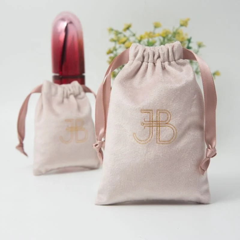 Custom Logo Printed luxury Pink Gift Velvet Drawstring Pouch cosmetic Bag with Pink ribbon