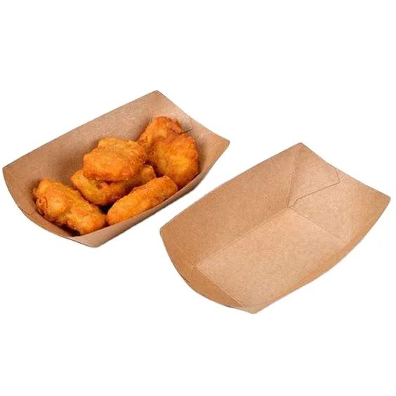 Food Grade Brown Kraft Paper Plates Holder Trays Hot Dog Fast Food Holding Packaging