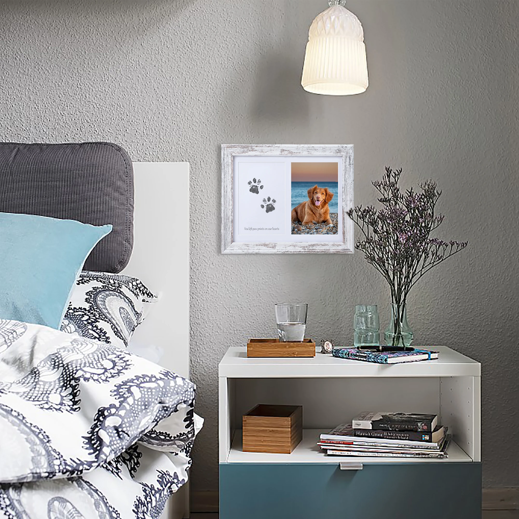 Dog Paw Print Frame Kit Distressed White Rustic Style Pet Paw Print Picture Frame No Mess Ink Pad for Dogs and Cats