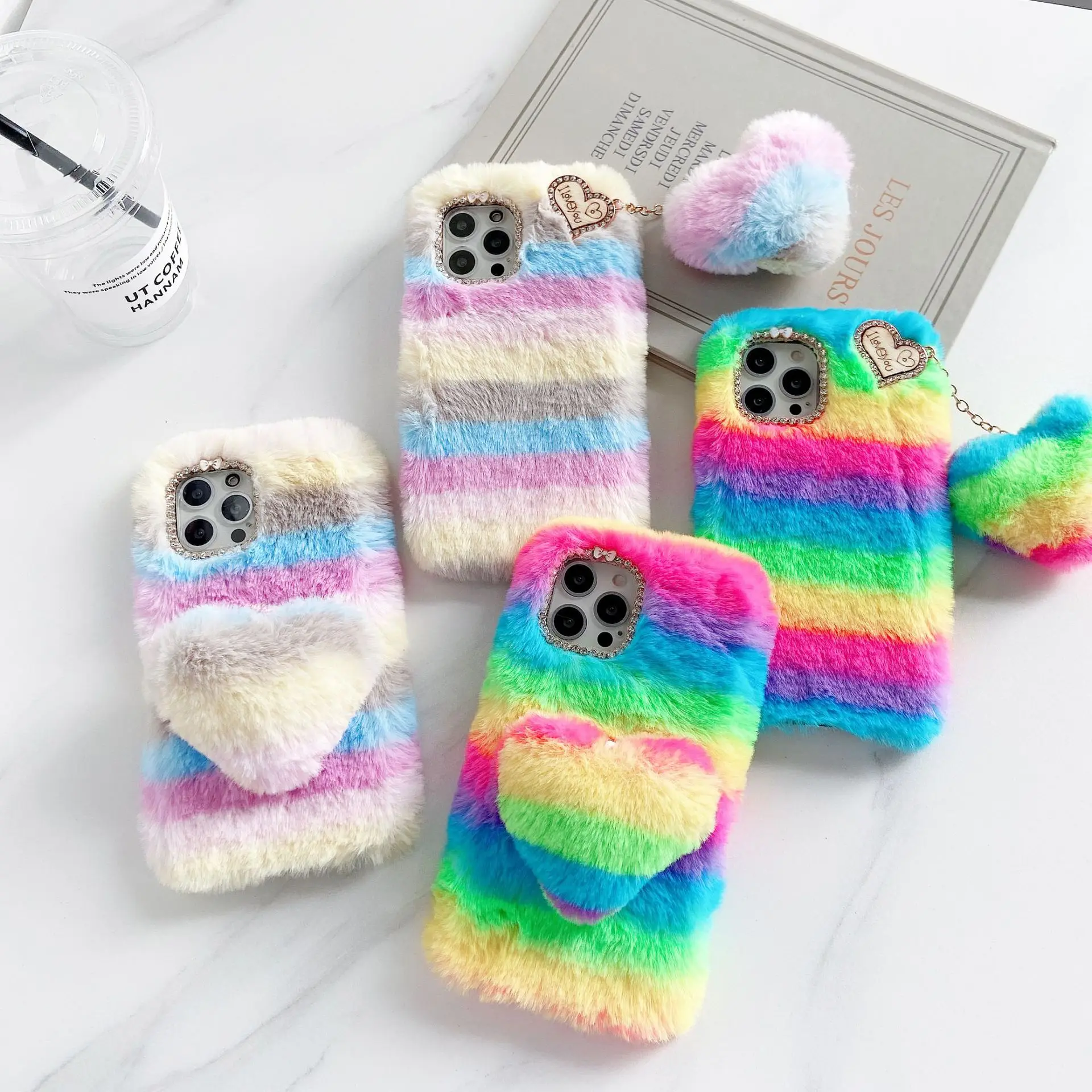 wholesales Rainbow Plush Heart Pendant 3d mobile phone case custom for i phone 13 pro max case