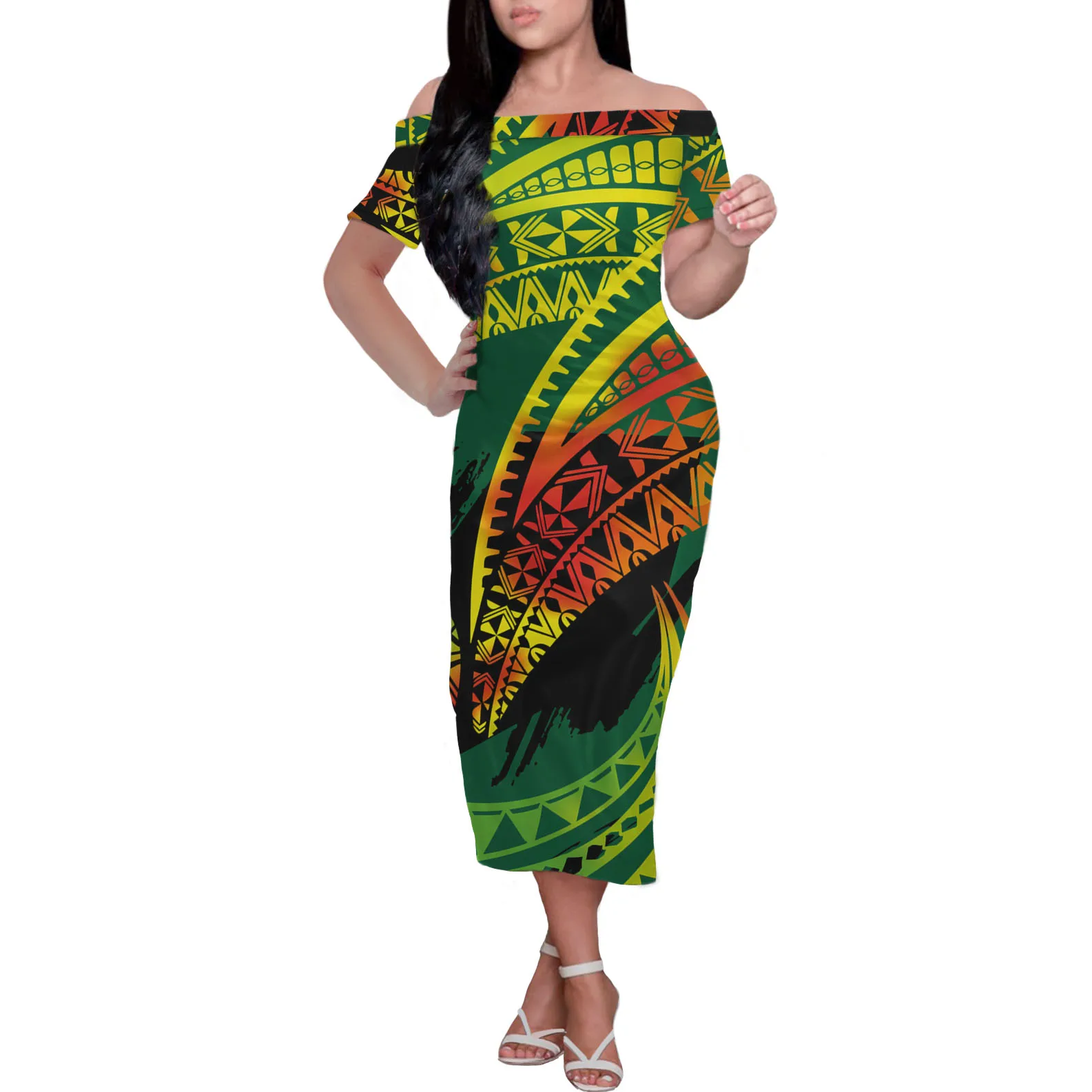 2022 new design womens plus size xxxxl multicolor stripe dresses girls white short sleeved off the shoulder midi tribal dress