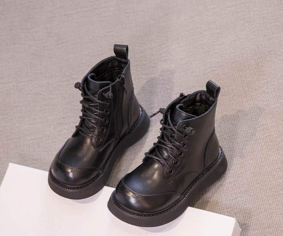 Wholesale black Genuine Cow Leather soft sole baby leather boots shoes for boy and girl