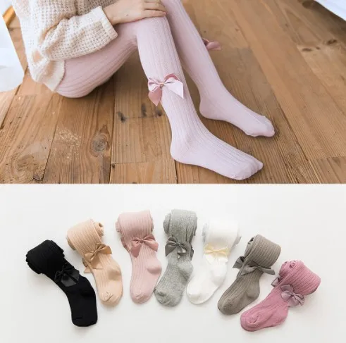 Breathable Absorb Sweat Knitting Autumn Spring Bowknot Child Girl Striped Tights Cotton Pantyhose for Kids