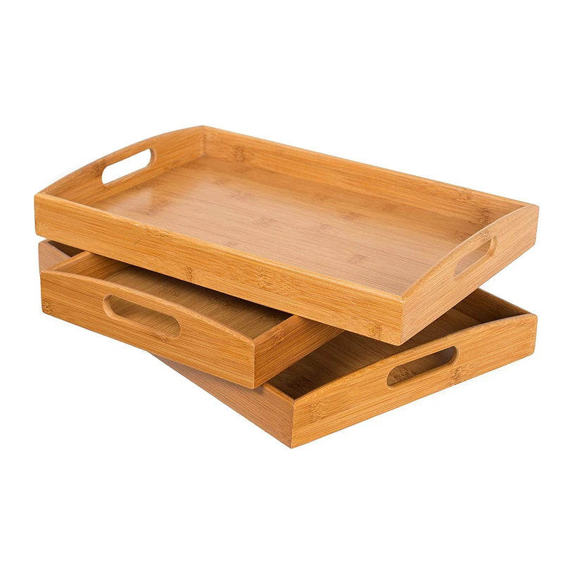 Handmade 3 pcs Bamboo Breakfast Bed Tray / Bamboo  Serving Tray/ Bamboo Food Tray with  Cut Out Handle Set of 3