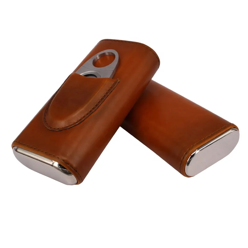 New Premium 3- Finger Brown Lined Leather Travel Cigar Cases Humidors Cedar Wood Cigar case bag stainless Cigar cutter