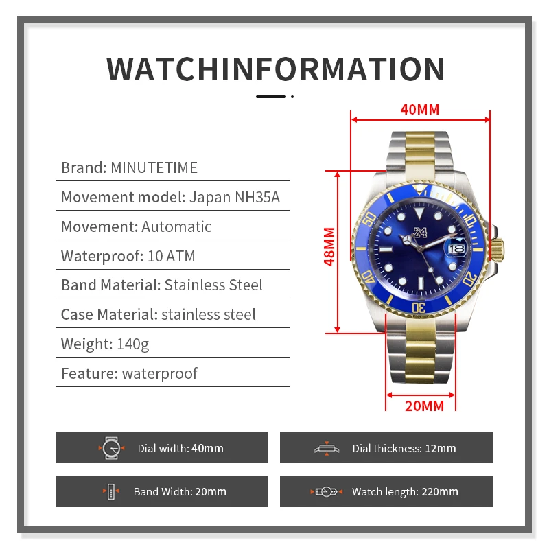 MINUTETIME Custom LOGO Mechanical Watch Men Swimming Luxury Daily Watch Blue Gold NH35 Movement 10Bar/100meter Sub Wristwatch