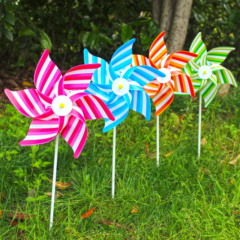 Inexpensive 30cm Hexagonal Striped Plastic Toy Windmill for Outdoor Garden Decoration Gift