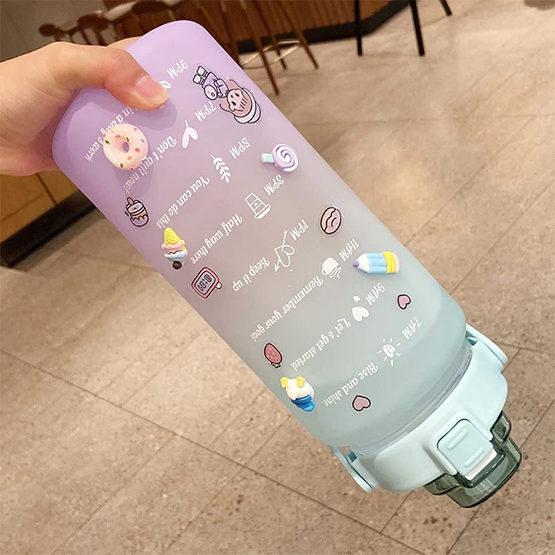 Gallon Water Bottle with Straw Sports Gradient Bottle Cute Cartoon Sticker Big Capacity Trending Gym Plastic Water Bottle