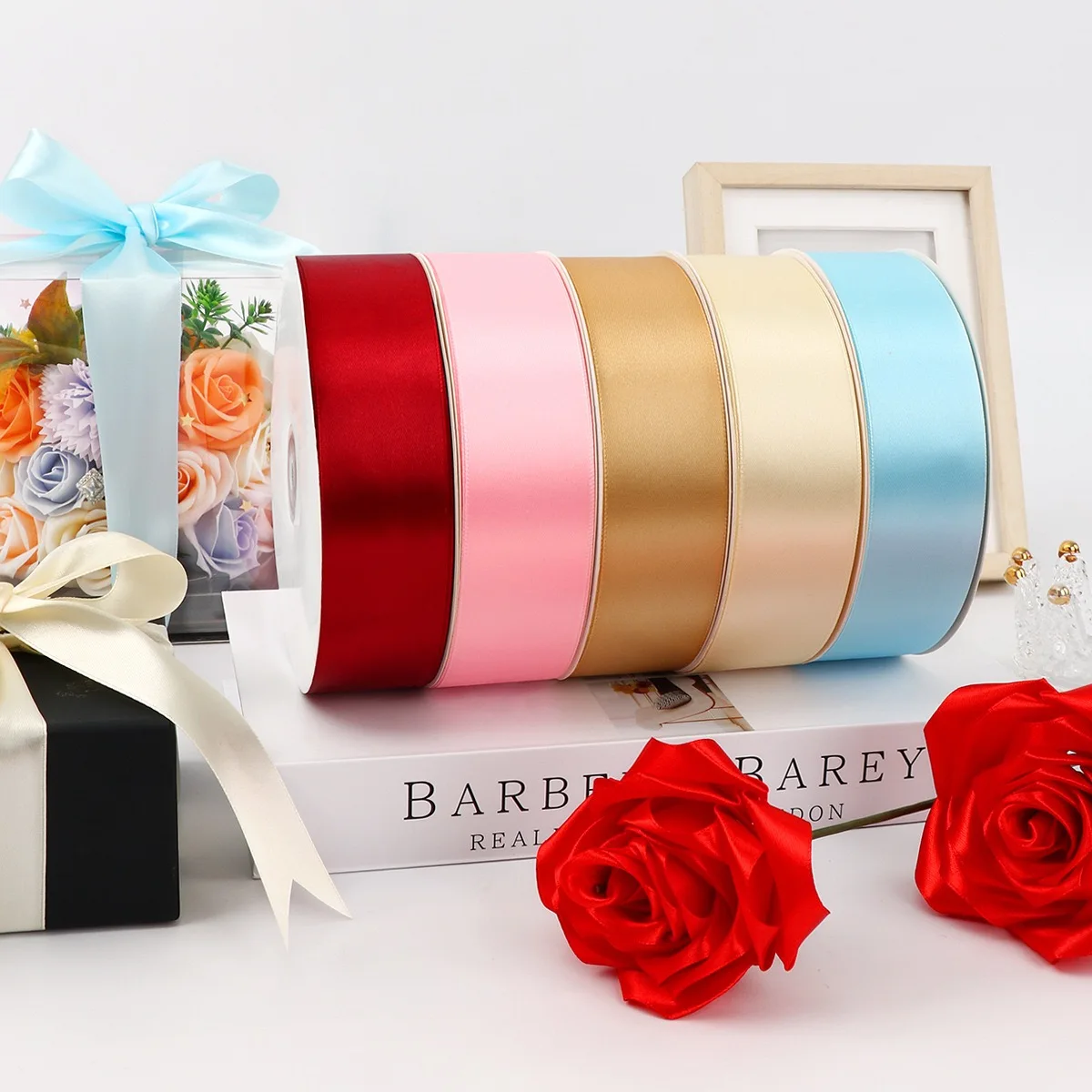 4cm 100yard Decoration Hair ribbon Mix Colors Double single Face red Polyester  satin Gift ribbons  for Wrapping flowers