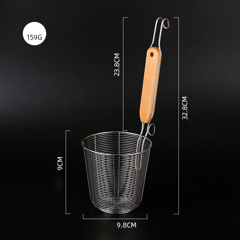 Mesh Spider Strainer Pasta Basket with Wooden Handle Stainless Steel Noodle Strainer Fry Colanders