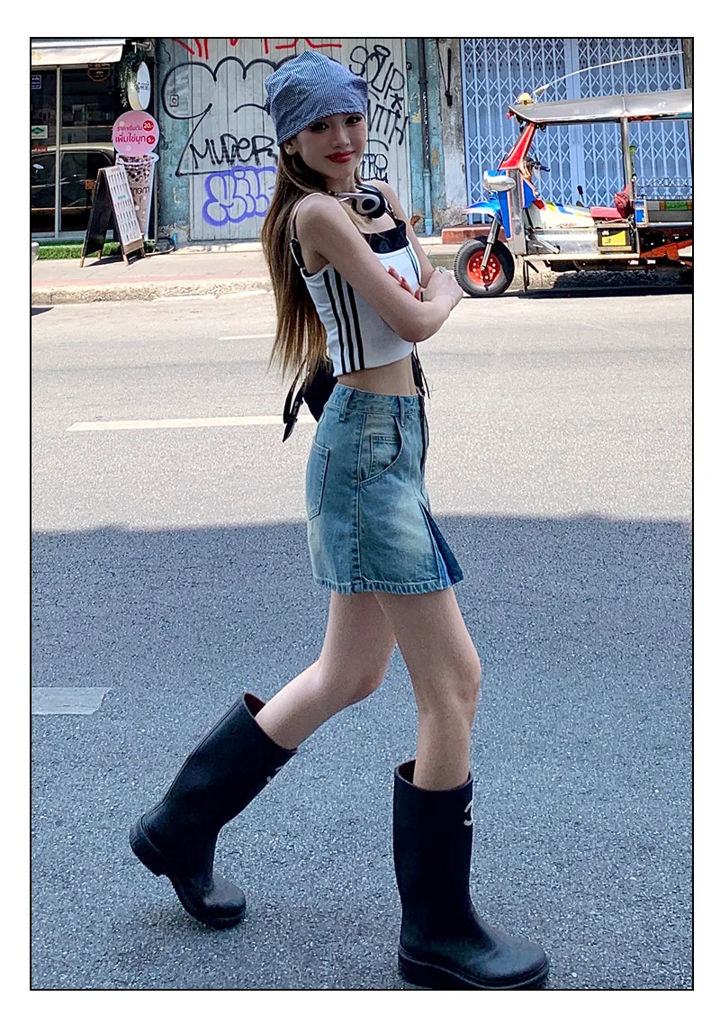 Женская Летняя короткая джинсовая юбка Y2k с высокой талией и поясом плиссированная Черная Сексуальная мини-юбка шортами