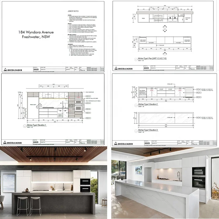 Modular wood veneer kitchen cabinet set designed with a long run of tall units and unique kitchen island