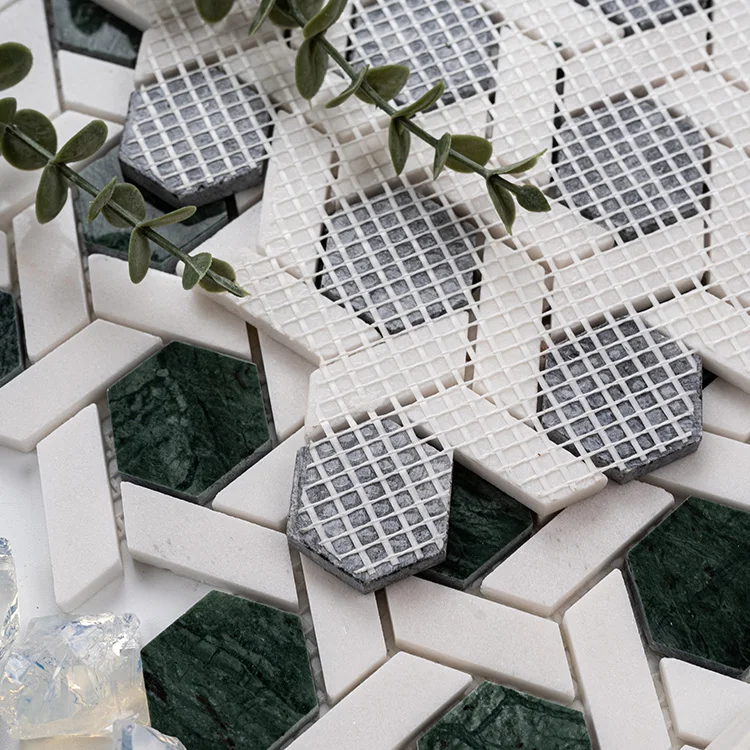 Hexagon Green and White Marble Tile Green Mosaic Tile Green Water Jet Marble Mosaic Tile