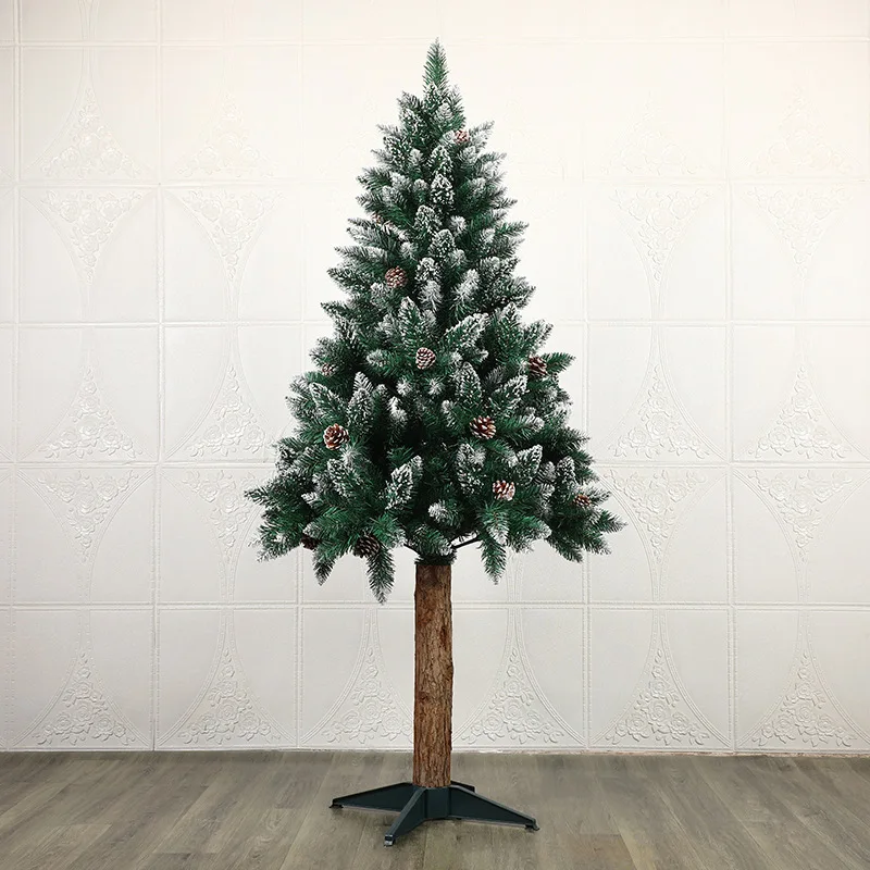 Новогодняя елка Зеленая Деревянная окрашенная белым ПВХ и сосновым шишком имитация ствола изысканный стиль