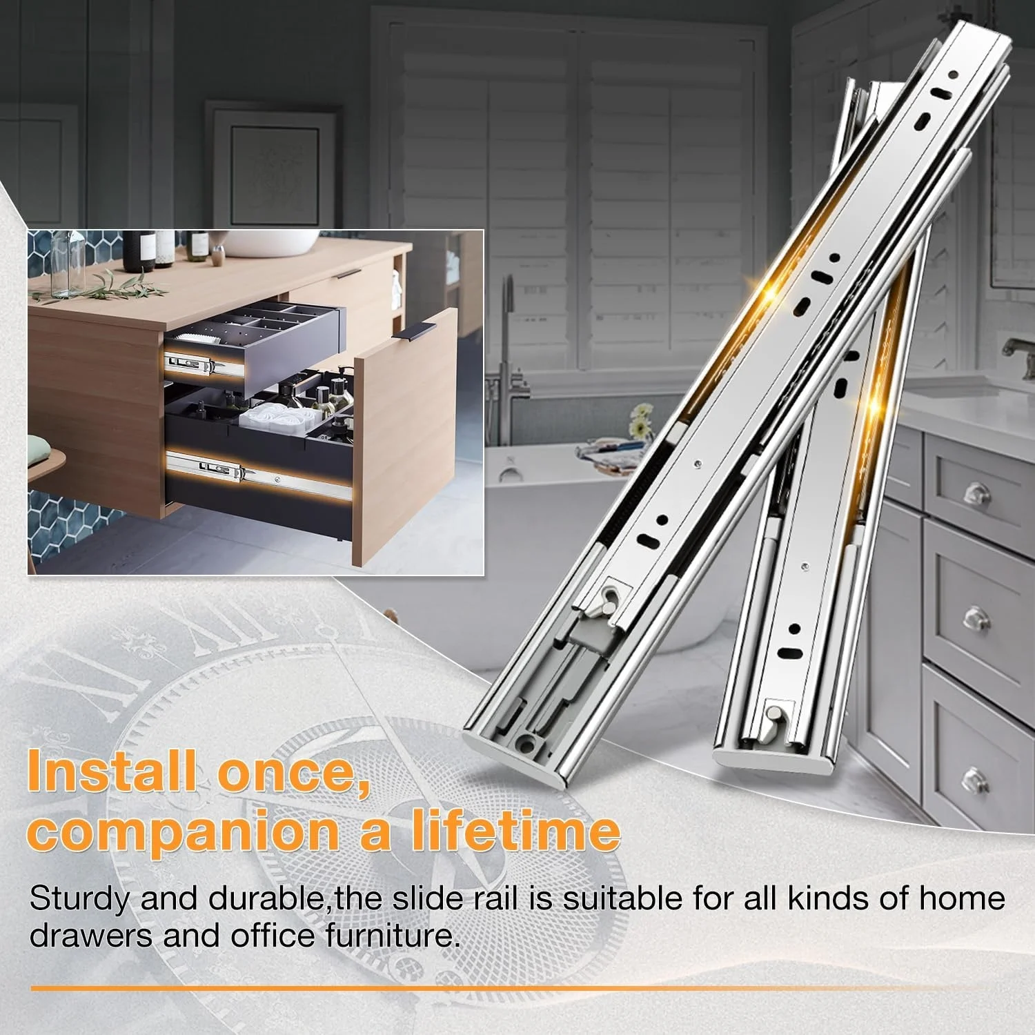 Kitchen Cabinet Drawer Rail Stainless Steel 3-fold Full Extension Ball Bearing Drawer Slide For Cabinet Accessories