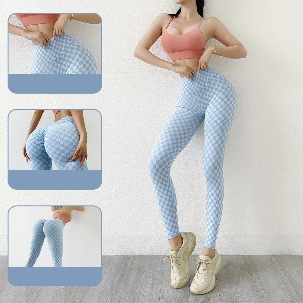 High Stretch Plaid Print Sport Gym Tights Pant Butt Lifting Sports Nylon Spandex Fitness Women Yoga Pants Leggings