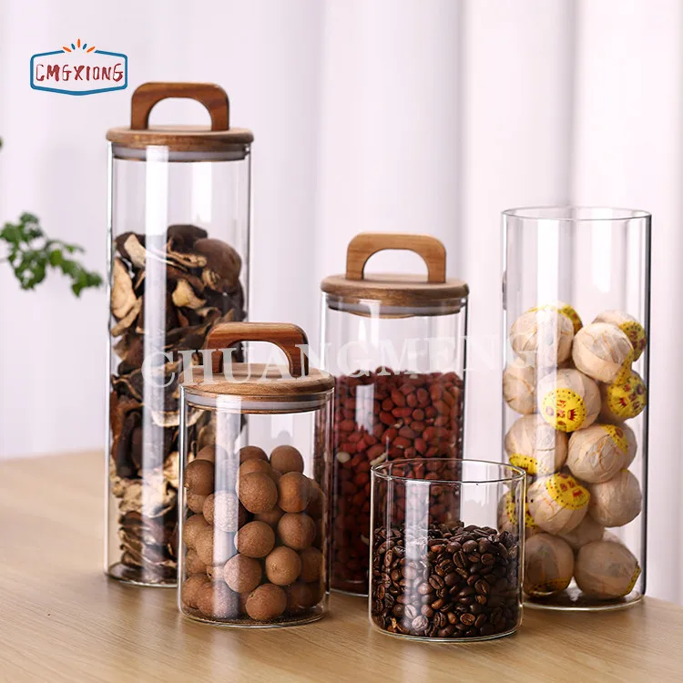 Kitchen Use 500ml 14oz High Borosilicate Airtight Clear Glass Storage Jars With Bamboo Lids