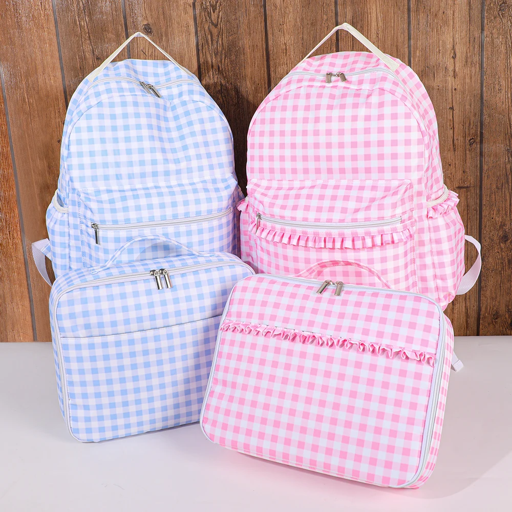 Wholesale Custom Children Toddler Kids Ruffle Back to School Book Bags Travel Pink Blue Gingham Nylon Backpack