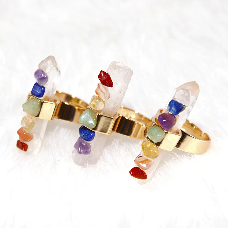 QIURAN Natural Crystal column crushed stone Set Ring 7 Chakra Crystal ring set with gold adjustable ladies fashion Reiki jewelry