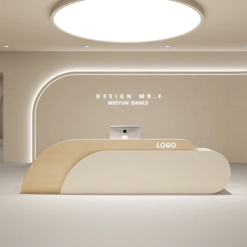 Wood Curve Reception Desk Beauty Salon For Hotel Spa Salon Desk With Storage Rack Office Furniture For Sale