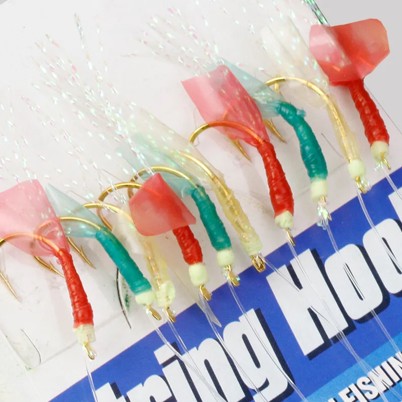 Guosong Sabiki Hooks 8#-15# Red Sabiki lure hooks rigs fish skin baits with luminous beads