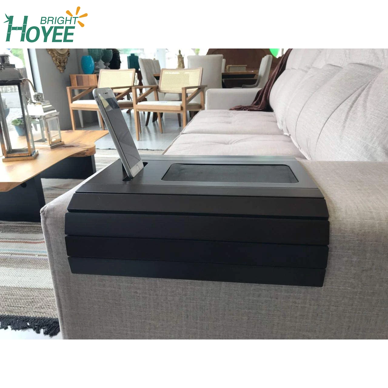 Foldable Sofa Arm Tray Caddy Foldable Bamboo Couch Arm Table wth EVA Base and Cellphone Holder for Living room