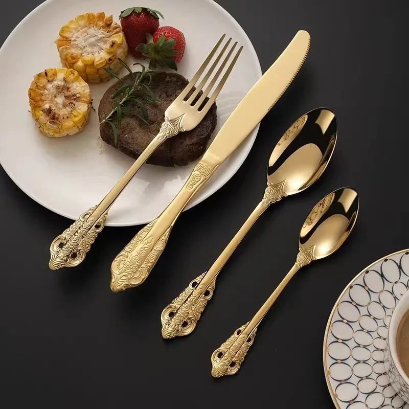 Luxury Retro Relief Stainless Steel Cutlery Sets Golden Knife Fork Spoon Wedding Steak Tableware