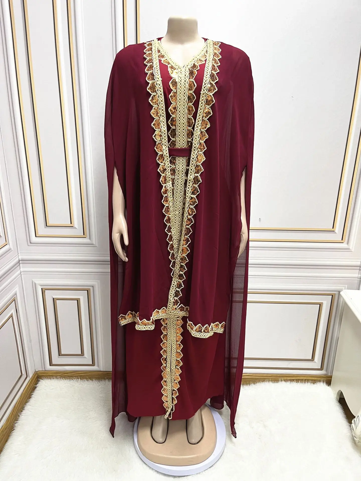 2024 Sequins Arabic Dresses Luxury Abaya Dubai Gown Cape Robes Kaftan Modest Muslim Evening Dresses With Long Sleeves