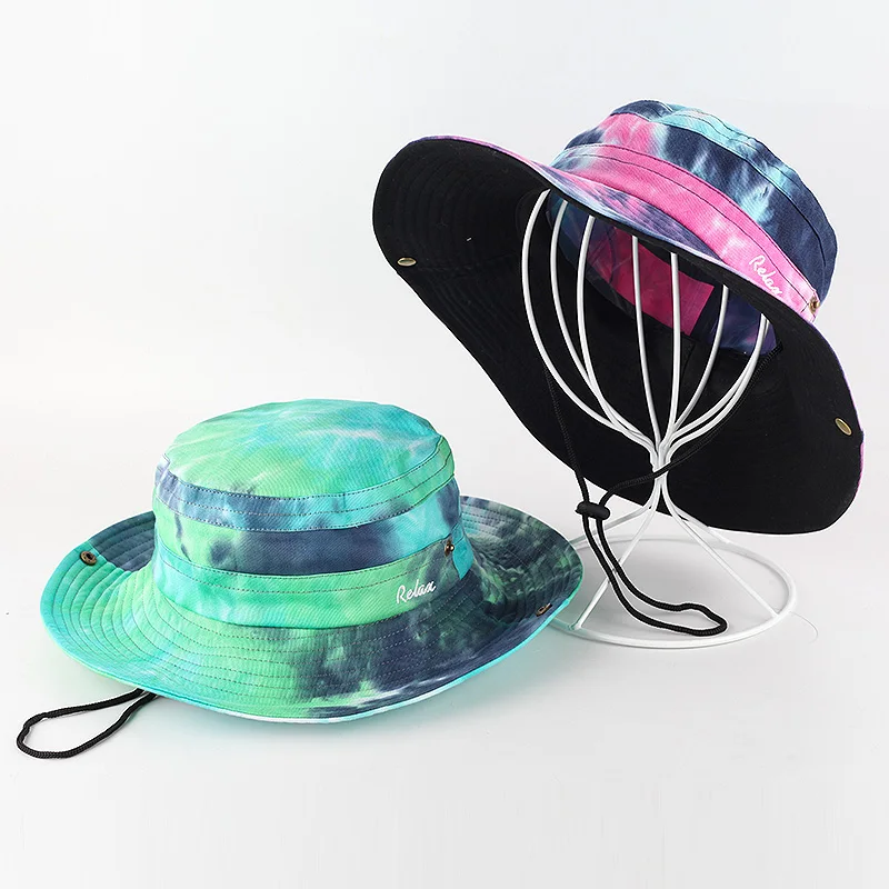 Low MOQ Custom your own logo Cotton Fashion tie dye bucket hat with string
