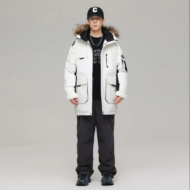 OEM Custom Design White Duck Down Detachable Fur Collar Windproof Parka Men Winter Jacket
