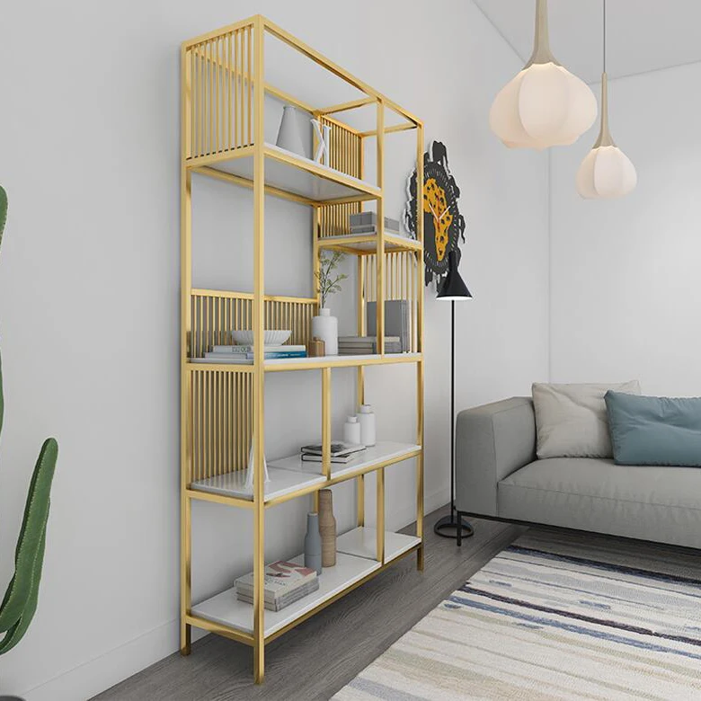 2021 new design living room furniture metal marble top display shelf bookcase for house